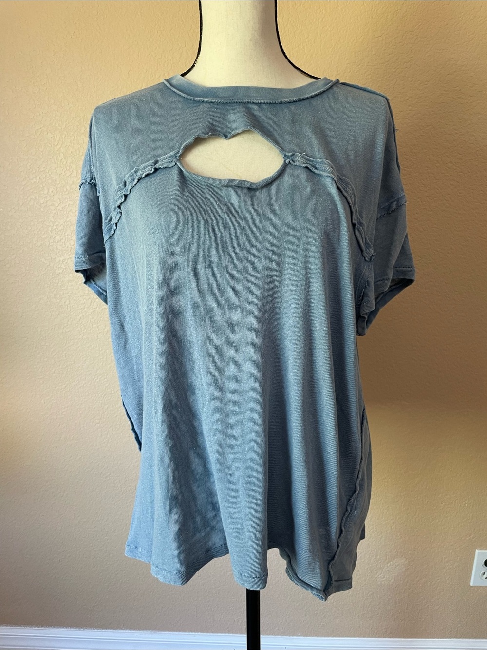 Free People We The Free Blue Raw Edge Cutout oversized cotton Tee Shirt S
